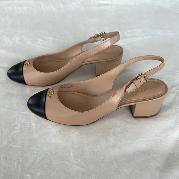Coach Nude Black Cap Toe Erica Slingback Block Heel Pumps Women’s Size 10B - Picture 2 of 7